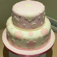 Pink Flower Birthday Two tiers of chocolate sponge covered with fondant . Pearls and flowers all fondant too.