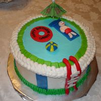 Birthday "pool" Cake Choc cake w/BC and fondant decorations.