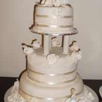 Romantic Roses 3 tier mud cake with ivory fondant and ivory hand moulded roses and leaves.shell edging and ivory ribbon