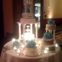 Themed In Paris Total of 7 cakes... The tall 3 tier is dark chocolate cake with chocolate mousse. The rest are white cake with raspberry and white...