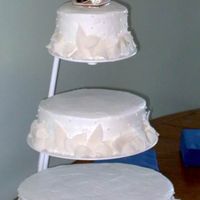 Imag1986.jpg Three tier wedding cake. Bottom is white cake with lemon filling, middle is white cake with raspberry filling, and top is chocolate cake...