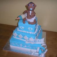 Baby And Bottle Fondant covered(6", 8", and 12"), fondant decorations, and stencil imprint on bottom tier. Bottle was made using candy melts...