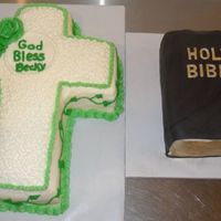 First Holy Communion Cross cake decorated with buttercream frosting and bible cake decorated using fondant. BIble pages done using fondant and gold luster dust...