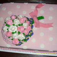 Pink Poka Dot cake is dark chocolate fudge. Fondant covered and poka dots are fondant to. Roses and basket weave is bettercream.