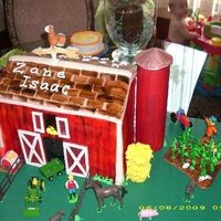 Red Barn Barn is 9 x 13 with 6 layers of cake, 2 each of butter, chocolate and funfetti. The silo is a pringles can covered in gumpaste. The board...