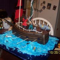 Pirate Ship 13 x 9 pan carved into ship. covered with chocolate mmf. airbrushed. water is buttercream icing. pirates and accesories are toys from...
