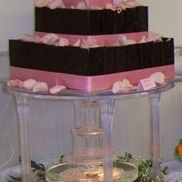 Chocolate With Pink Roses Chocolate 'tiles' with pink ribbon and pink roses. And that butt-ugly tacky fountain.
