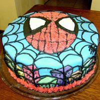 Spidy Spiderman cake for a 4 year old boy. Chocolate cake with dulce de leche and chocolate chip filling, fondant cover and city, buttercream...