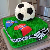 Soccer Cake Made for a joint birthday party for a 3-year-old and a 32-year old. 10" square and Wilton sports ball pans. French vanilla cake with...