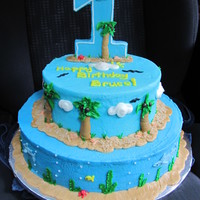 Bruce's First Birthday Beach Cake All BC. gotta thank facebook for this cake."1" is iced cardboard. Smash cake is ball 1/2 of pan, big cake 8" & 12"...