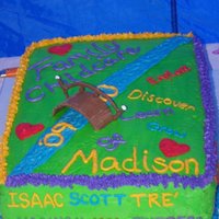 Daycare Start Of Summer Celebration Cake All iced in BC. Husband gets total credit for bridge creation from chocolate, topped with marshmallows. :)