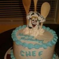 Chef's Birthday Cake Made for my husband's best friend who is a chef. Buttercream, with real wooden spoons, and chef hat made from fondant.