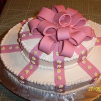 Leslie's Birthday Cream buttercream with fondant strips and my first attempt at a fondant bow, way to thick but I a learning.