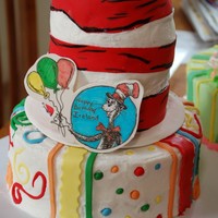 Dr. Suess Buttercream cake, the customer didn't want a fondant covered cake but accents were ok. The hat is RCT covered in fondant. The plaque...