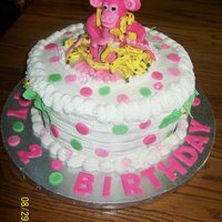 Pink Monkey 3 Yr Girls Birthday Cake Banana cake with buttercream frosting...pink monkey and dots/trees from fondant.