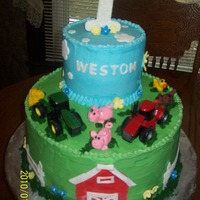 First Birthday "farm" Cake This grandchild has both sets of grandparents as farmers so to keep "peace" in the family we had to have the John Deere Tractor...