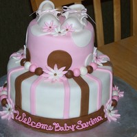 Brown And Pink Baby Shower 6" 10" vanilla cake with white chocolate ganache filling. covered in fondant gumpaste booties. Not original design my niece...