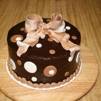 Img_1601_Small.jpg 3 layer dark chocolate cake w/ choc. buttercream, chocolate ganache(on each layer and covering), MMF bow & accents