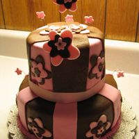 Flower Power I made this for a lady at my sisters work for her birthday.The cake is white with pink food coloring.The bottom is covered in Chocolate...