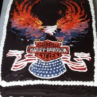 Harleyeagle.jpg Harley-Davidson flaming eagle cake. Made for the Blessing of the bikes. Chocolate cake dark chocolate frosting with buttercream icing. This...