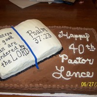 40Th Birthday For our pastor's 40th birthday. Chocolate cake for the full sheet cake and white cake for the Bible cake.