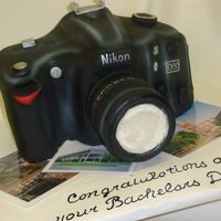 Camera Cake This was made from a 1/2 sheet cake cut into thirds and stacked. Lens was made from 4" styrofoam. PVC pipe attached to board about 3&...