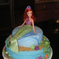 Ariel Birthday bottom cake is buttercream, top cake is fondant. my daughter and I made the sea creatures out of fondant and melted chocolate. we used...