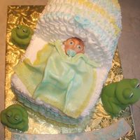 Baby Shower Cake This is a sculpted bassinet baby shower cake for a boy. Made with butter cream icing and a fondant blanket.