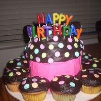 Giant Cupcake With Matching Regular Size Cupcakes for my best pal's bday, a super sized cupcake and matching cupcakes; Cake Doctor's best birthday cake recipe with chocolate...