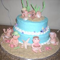 Beach Baby Shower Cake a beach theme baby shower cake made for best friend's baby shower. figurines/shells/accessories are made out of fondant. sand is pecan...