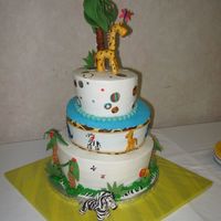 Topsy Turvy Baby Shower buttercream with fondant and gumpaste accents. 10, 8, & 6". used icing sheets for trim work , circles on top layer and cake board...