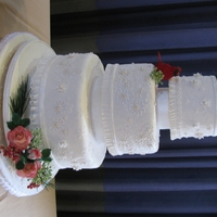 Winter Wonderland Wedding Cake - Nyc Cake Convention my entry for the NYC cake competition - brush embroidery with gumpaste florals, red cardinal, borders and RI pine needles