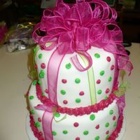 Pink & Green Baby Shower Cake Double 8" cakes on top of Double 9" Cakes, covered with white fondant, dark pink and green buttercream polka dots, and sheer...