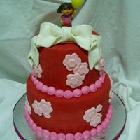 D-D-Dd-D-Dora......... A chocolate and vanilla marble, first time using the pre-colored red satin ice fondant...love it!!! The bow and flowers have super pearl on...