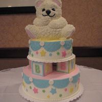 Babyshower1100106001.jpg My first baby shower cake. The bottom is a 12" chocolate with buttercream filling. The next is a 9" white with raspberry filling...