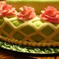 Close-Up Of Green Cake W/ Trellis And Pink Flowers Close-up of my 21st birthday cake with light green fondant, white fondant trellis, and pink royal icing flowers