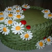 Cakewladybugs3.jpg A buttercream basketweave cake with daisies and ladybugs made from royal icing.