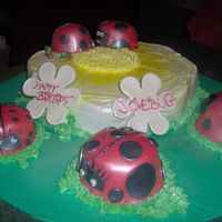 Ladybugs Fondant covered round cakes, on a bc daisy. Each ladybug had a diffrent face.