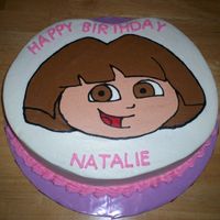 Dora The Explorer Cake Vanilla cake, blueberry filling, iced in vanilla buttercream frosting. Dora's face is a frozen buttercream transfer. (FBCT) Cake was a...