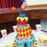 Circus Themed Topsy Turvy Birthday Cake I made this cake for my nephew's 1st birthday! The theme was Circus