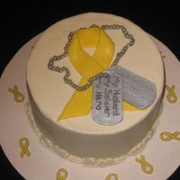 Welcome Home Cake for a friend's husband's homecoming from Iraq. White cake with buttercream frosting, fondant ribbon, gumpaste dogtags with...