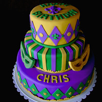 Chris' Birthday Mardi Gras themed birthday cake. The masks and all decorations are fondant.