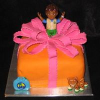 Dora Surprise Covered with mm fondant and mm fondant bow. Tried to make a Dora out of a mini bear pan....didn't look good, so I put in a toy! My...