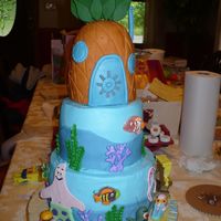 Sponge Bob BUTTERCREAM WITH FONDANT WAVES.HOUSE IS RICE KRISPY TREATS COVERED IN FONDANT. GUMMY FISH FROM A TAFFY. THIS SIGHT IS GREAT FOR IDEAS.