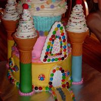 Candy Castel A cake for my nieces birthday. A10 inch pound cake,8 inch chocolate and half and half cupcake. All buttercream and 3 layers. couldnt use...