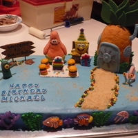 Spongebob Square Pants Made for grandson's 7th birthdayRoyal coral, marshmellow patrick, & fondant