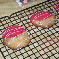 Chocolate Chip Cookies Dipped these Chocolate Chip Cookies in Red Chocolate melts (wilton) and drizzled them with white chocolate, The kids loved them)