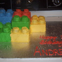 Lego Cake Made for my son's first birthday. I used my loaf pan and started stacking lol. The connector pieces were made using slightly carved...