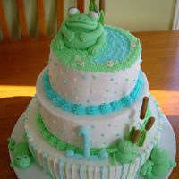 First Birthday For my friend's son's first birthday. Bottom is chocolate, middle banana and top is white. Covered in buttercream with fondant...