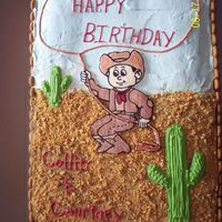 Cowboy Birthday Cake Another cake I did with my friend. The cake is vanilla with ganache and white icing. The bottom half is covered with crushed up grahm...